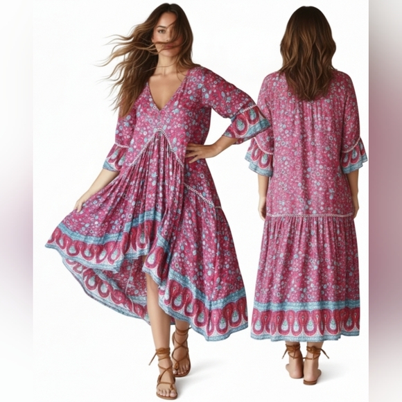 Aura Dresses & Skirts - Nwt Aura Floral Boho Gypsy Dress Oversized Flowy Rayon Hi Lo Hem
